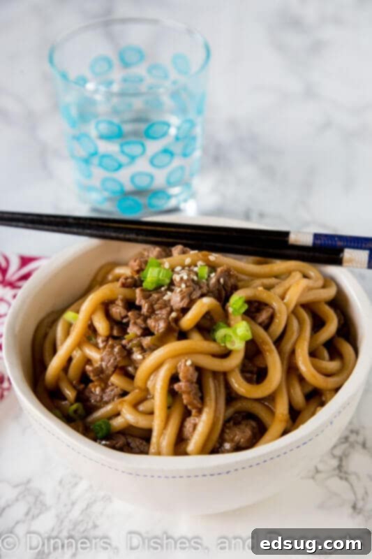 Finished garlic beef noodle bowl with all garnishes