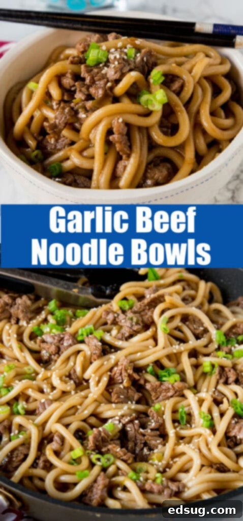 close up of garlic beef noodle bowls in a bowl with chop sticks, garnished with green onions and sesame seeds