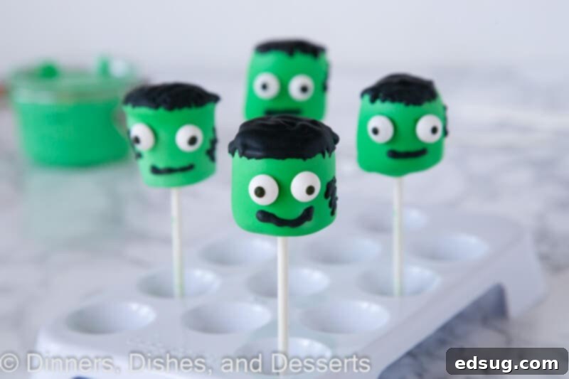 Franken Mallow Treats 4 frankenstein marshmallows - finished Halloween treats with candy eyes and black icing details