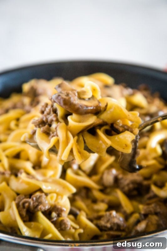 Easy hamburger stroganoff that is ready in minutes, made in one pan and great for busy weeknights