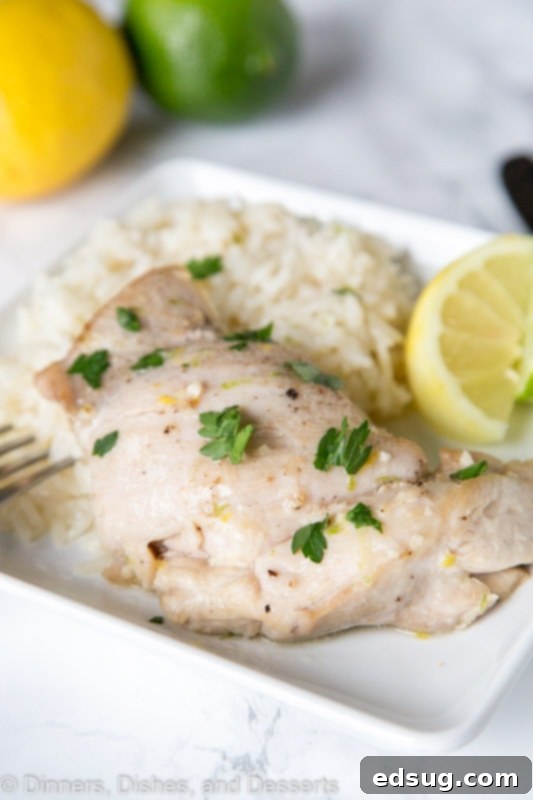 Close-up of Citrus Garlic Chicken with Coconut Lime Rice on a white plate, garnished with fresh herbs