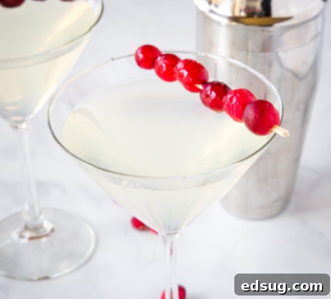 Winter White Cosmo, a seasonal twist on the classic Cosmopolitan, fruity, tart, sweet, and delicious.