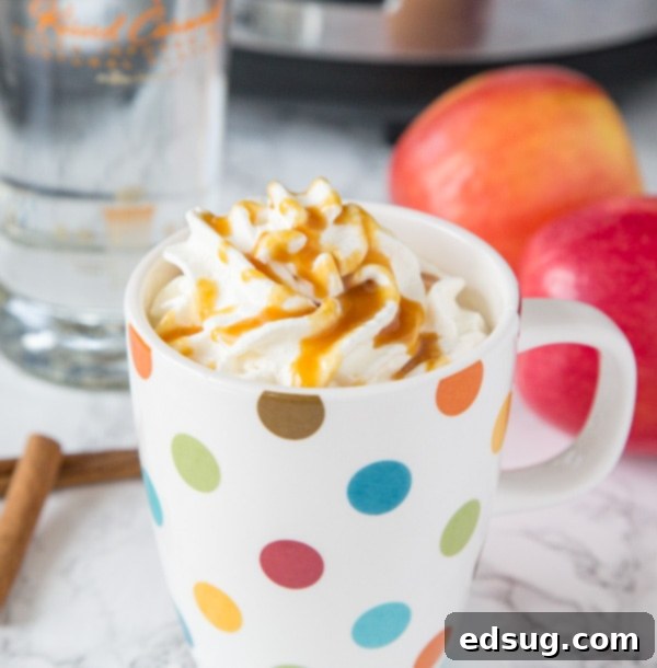 Spiked Hot Apple Cider, a classic fall drink infused with caramel vodka.