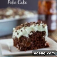 Mint Chocolate Poke Cake, moist chocolate cake with hot fudge, chocolate pudding, and mint whipped cream.