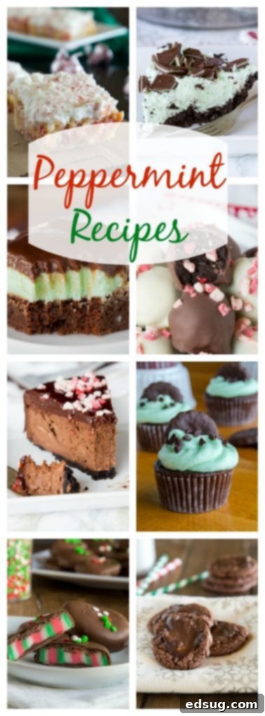 A collage of 19 fun and festive peppermint recipes, including pies, cookies, and chocolate treats, perfect for holiday baking on Pinterest.