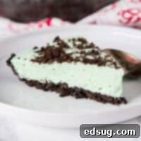 Grasshopper Pie, a light and creamy mint green pie with chocolate cookie crust.