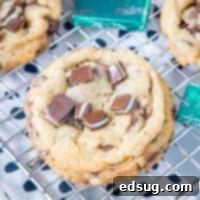 Close up of Mint Chocolate Chip Cookies, soft and chewy with Andes Mints and chocolate chips.