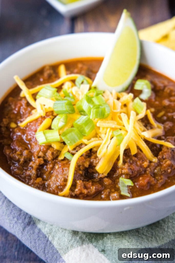 beef chili in a white bowl