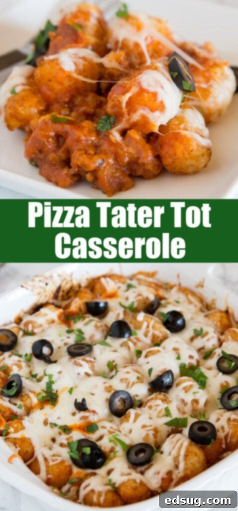 close up pizza tater tot casserole for pinterest, showcasing the delicious layers