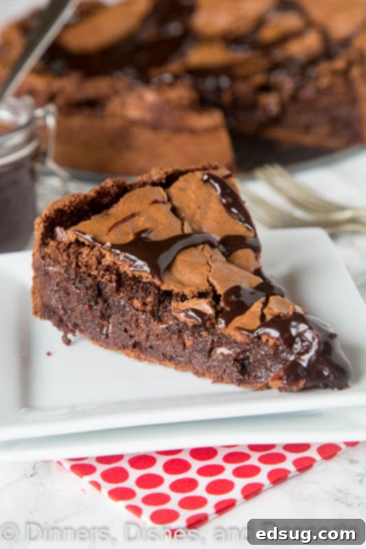 Decadent Gooey Brownie Pie 2 A perfectly sliced Gooey Brownie Pie served on a white plate, showcasing its fudgy interior and crackly top, with a drizzle of hot fudge