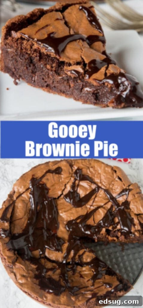 Decadent Gooey Brownie Pie 6 Collage of Gooey Brownie Pie images for Pinterest, showing close-ups of slices and the whole pie