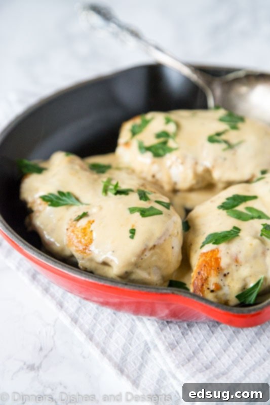 A bowl of perfectly cooked chicken with creamy French pan sauce, ready to be served.