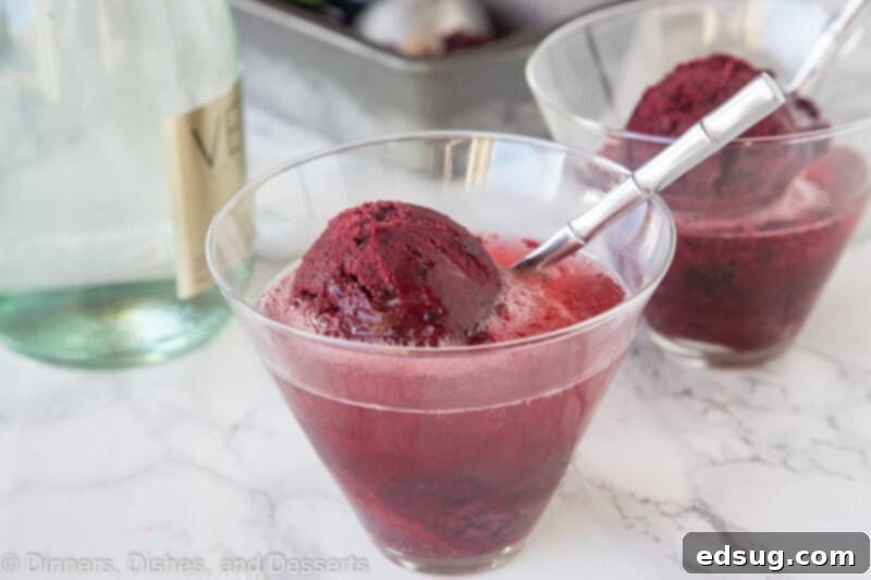Two martini glasses filled with Black Cherry Sorbet and sparkling wine, garnished with fresh cherries.