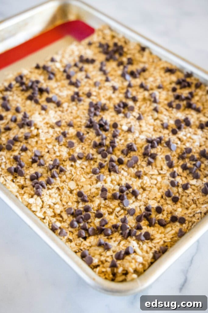 Granola bar mixture firmly pressed into a baking pan, sprinkled with chocolate chips, waiting to cool.