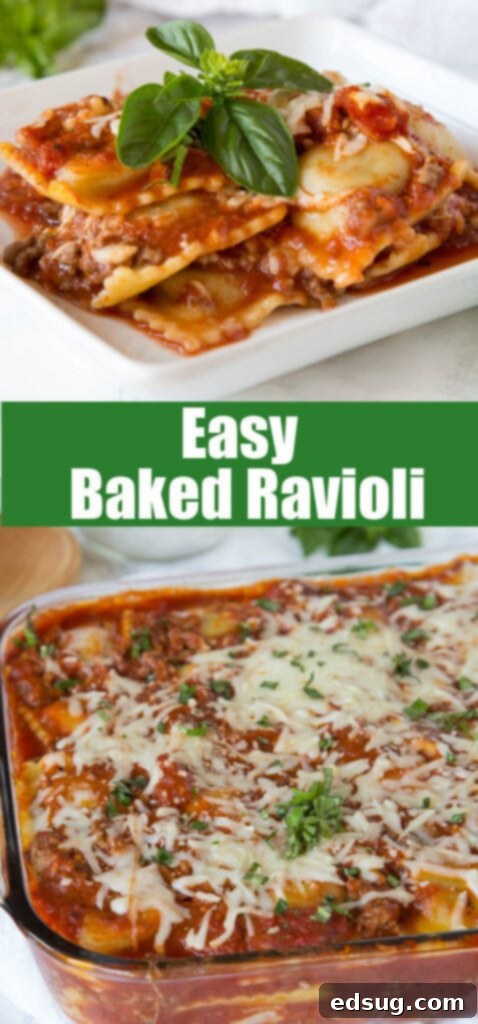 A close-up shot of the cheesy, baked ravioli in a dish, perfect for sharing on Pinterest