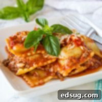 Baked ravioli with basil on a plate, presented for the recipe card