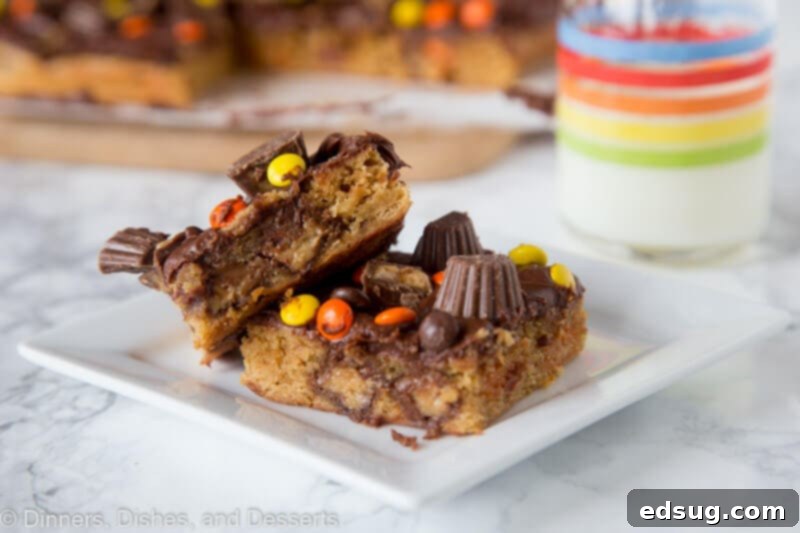 Assortment of Reese's Peanut Butter Bars with chocolate frosting and Reese's Pieces topping