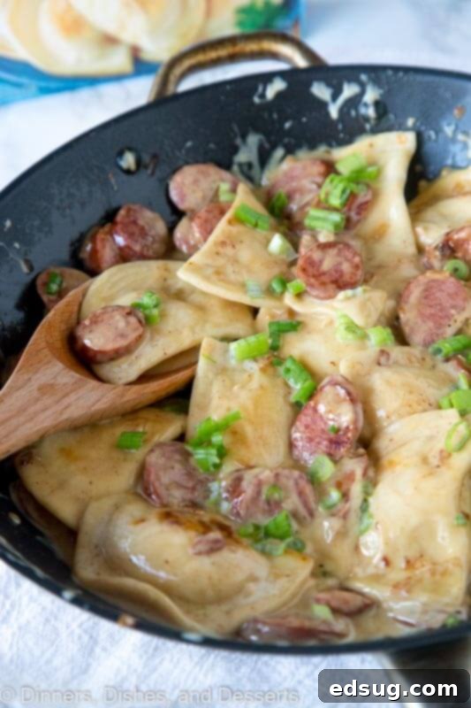 Hearty Sausage and Pierogi Skillet 2 A bowl of food, with Pierogi and Sausage