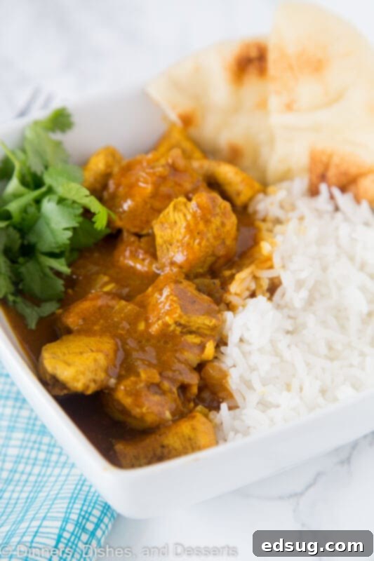 A plate full of food, with Curry and Chicken, garnished with fresh cilantro, ready to be served over rice.