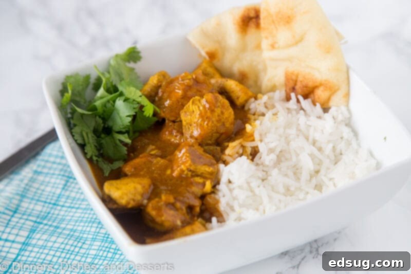 A bowl of rice on a plate, topped with a generous serving of chicken curry and fresh cilantro.