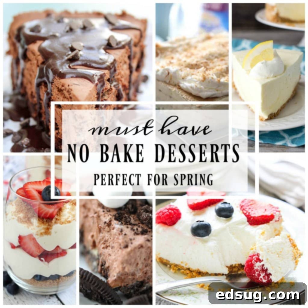 A vibrant collection of various no-bake desserts, including cheesecakes, pies, and parfaits, perfect for summer. This image showcases a variety of textures and colors, emphasizing the deliciousness and ease of no-bake treats. It features a selection of popular no-bake recipes ready to be enjoyed on a warm day.