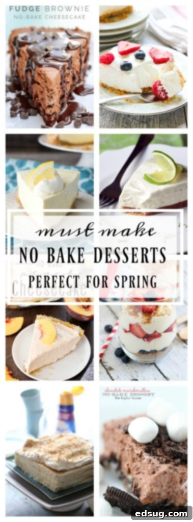 A collage of various no-bake desserts, presented vertically. This pin-friendly image combines multiple enticing summer treats, encouraging users to save these easy, oven-free recipes. It features a range of colors and textures, showcasing the diversity of the no-bake dessert collection. 
