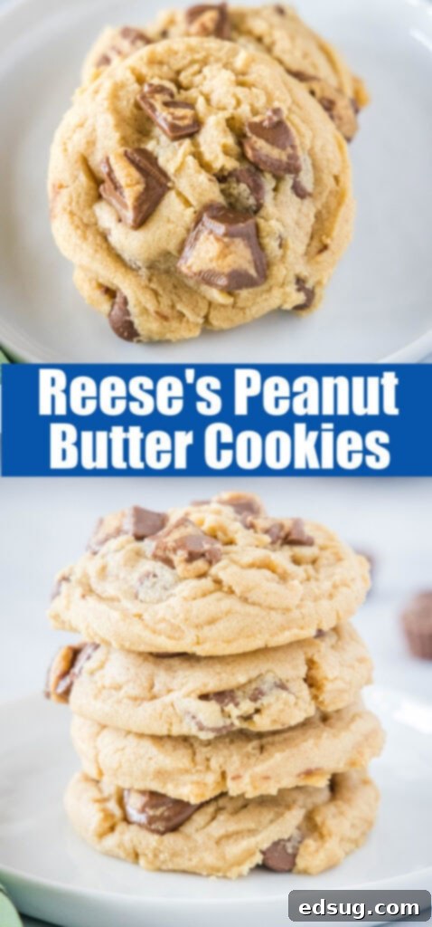 Close-up of a Reese's peanut butter cookie, highlighting the gooey chocolate and peanut butter cup pieces, ideal for Pinterest.