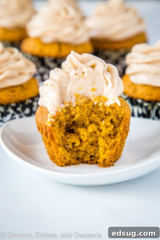 Moist and tender pumpkin cupcakes topped with a rich, cinnamon-infused cream cheese frosting swirl, a perfect autumn dessert