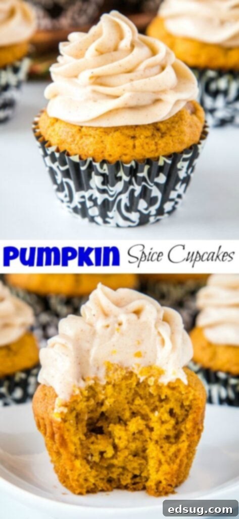 A close up of a pumpkin spice cupcake on a plate with cinnamon cream cheese frosting