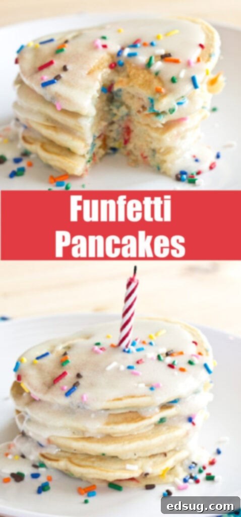 A plate of birthday cake pancakes with a candle and extra sprinkles, ready to be enjoyed.
