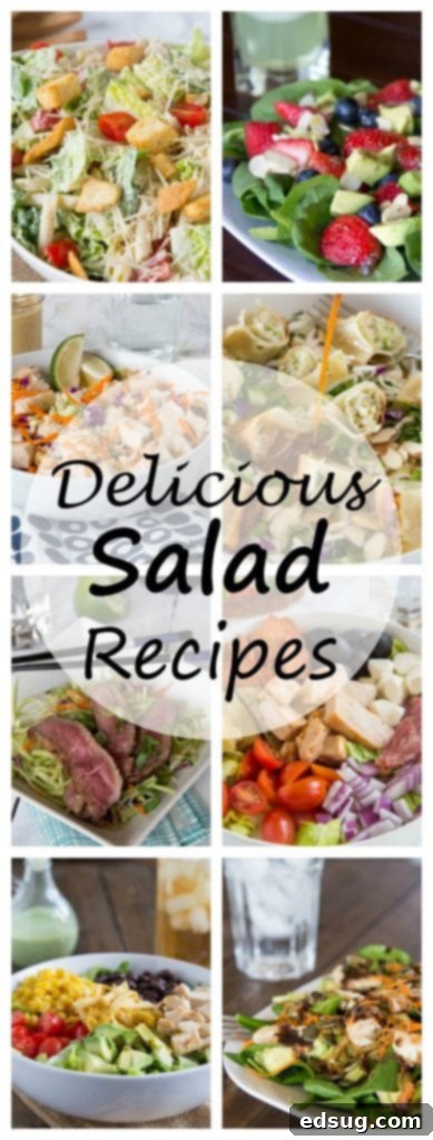Pin this image: A collage of 13 healthy and satisfying salad recipes, perfect for dinner or lunch, emphasizing that healthy eating can be delicious and fulfilling.