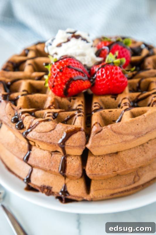 chocolate waffles topped with strawberries and chocolate sauce, a perfect breakfast dessert