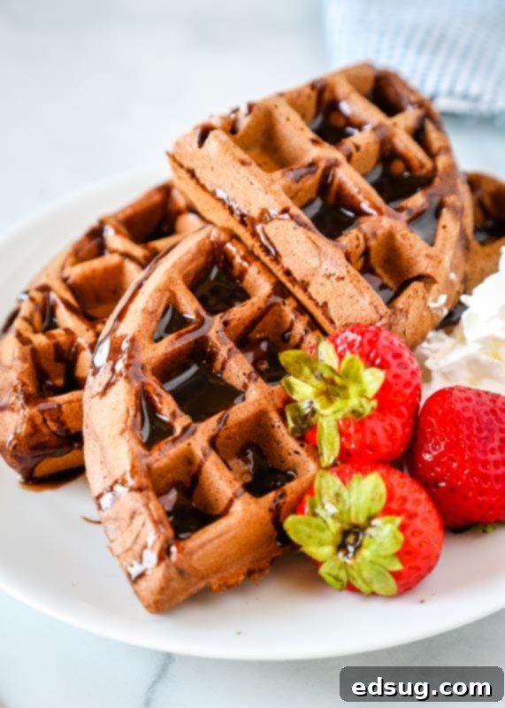 pieces of chocolate waffle with strawberries on a plate, ready to be enjoyed