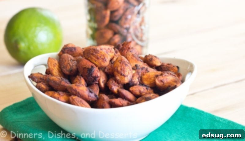 Delicious Chili Lime Spiced Almonds served in a bowl, perfect for a healthy snack.
