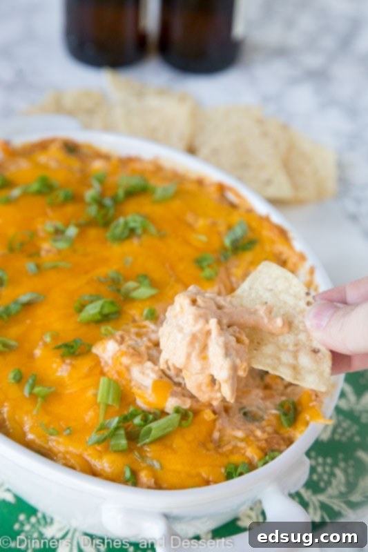 A single tortilla chip generously loaded with warm barbecue chicken dip, showing the texture and colors.