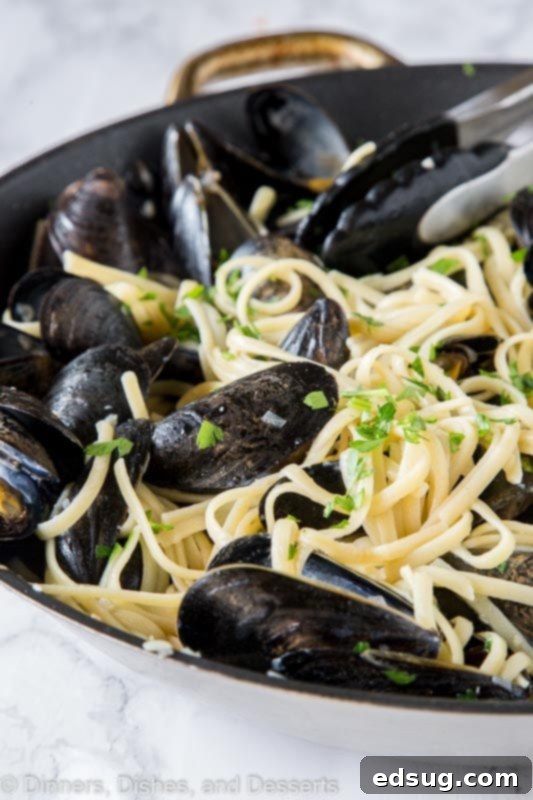 Seaside Mussels Linguine 2 A large skillet filled with perfectly cooked linguine and steamed mussels in a rich, aromatic sauce.