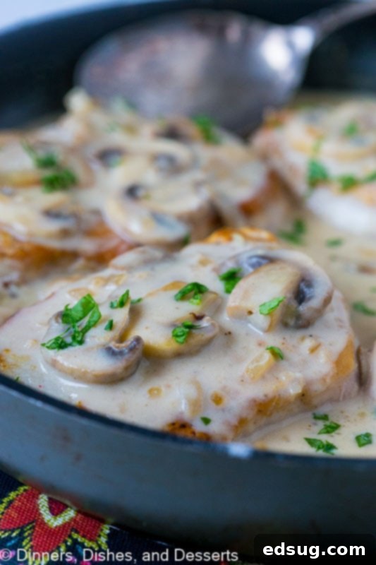 Close up of smothered pork chops with mushroom gravy in a skillet.