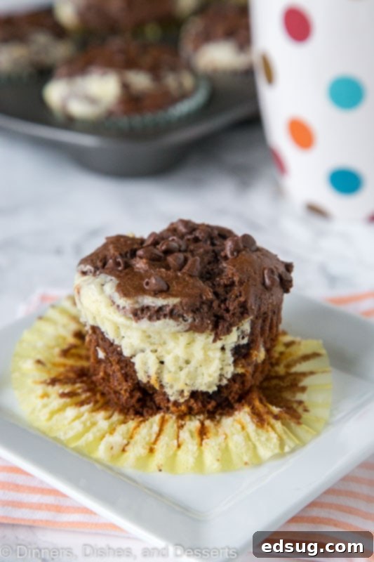 A slice of double chocolate cheesecake muffin served on a white plate, ready to be enjoyed.