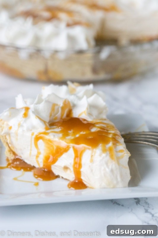 Vanilla Caramel Pie – An easy vanilla cream pie with lots of caramel mixed in. Topped with homemade whipped cream and a caramel drizzle. Great for holiday entertaining!