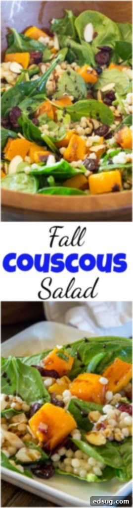 A close-up shot of the Fall Couscous Salad in a serving bowl, ready to be enjoyed.
