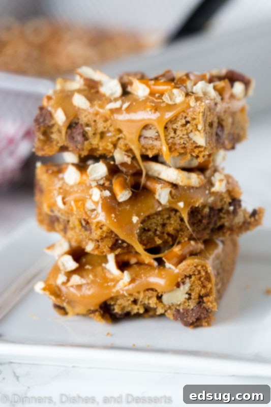 Decadent Butter Pecan Pretzel Slices 2 a close up of bars with melted caramel and pretzels