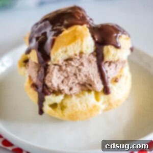 A chocolate cream puff topped with chocolate ganache on a white plate.