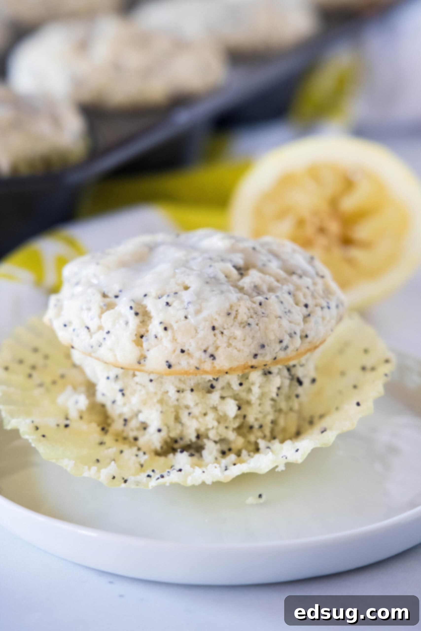 Close up of an unwrapped lemon poppy seed muffin on a white plate, showcasing its fluffy texture and glaze.