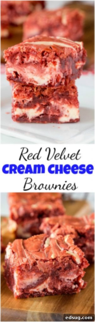 Decadent Red Velvet Cheesecake Brownies 5 A stack of perfectly cut red velvet cheesecake swirl brownies with cream cheese visible, ready for serving.