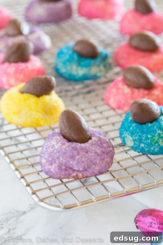 Dainty Chocolate Egg Blossoms 2 Freshly baked Mini Chocolate Egg Blossom Cookies cooling on a wire rack, each topped with a colorful chocolate egg.