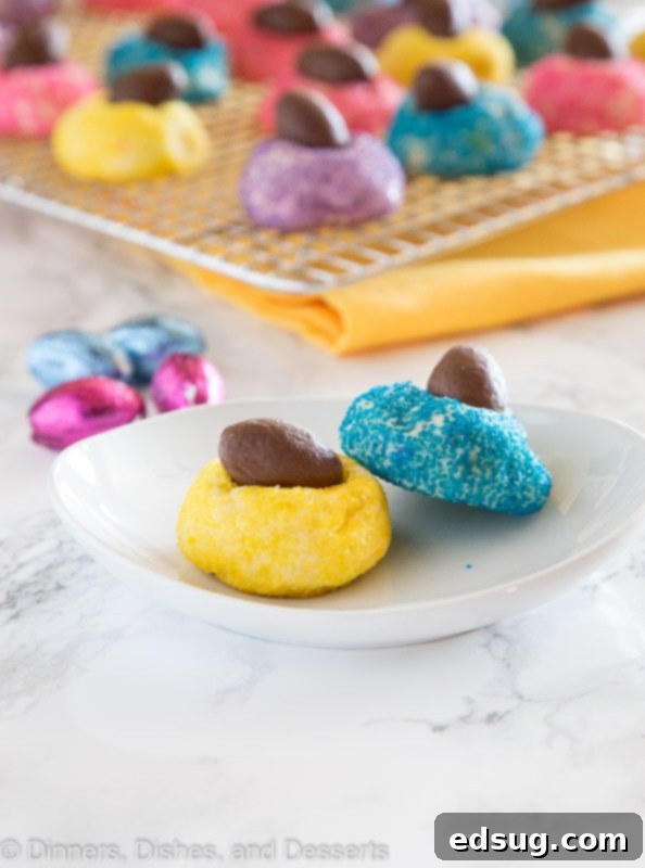 Dainty Chocolate Egg Blossoms 4 Close-up of Mini Chocolate Egg Blossom Cookies on a serving plate, highlighting the melted chocolate eggs.