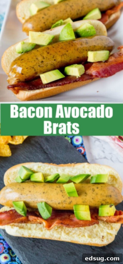 Overhead view of grilled brats generously topped with crispy bacon and fresh diced avocado, ready to be enjoyed.