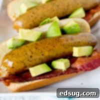 Bacon Avocado Beer Brats - Time to fire up the grill and make your brats extra special. Add bacon and diced avocado for a delicious twist!