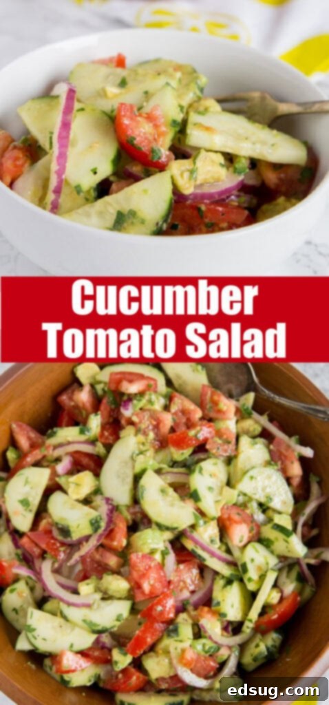 Garden Fresh Tomato Cucumber Medley 5 cucumber salad with tomatoes and avocado in a bowl
