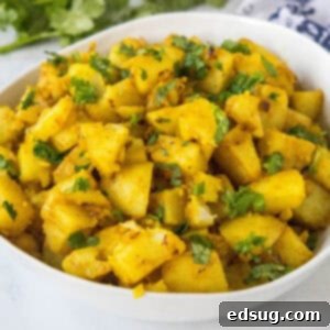 Close up image of curried potatoes served in a bowl, garnished with fresh cilantro.